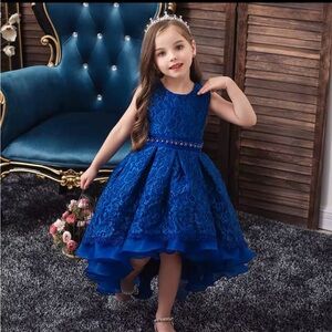 Girls Royal Blue Lace High-Low Party Dress